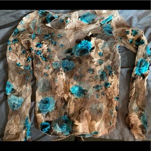 Vintage y2k Turquoise Rose Floral Print Bell Sleeve Mesh top/Blouse Size Xs/s.